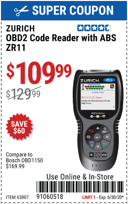 ZURICH ZR11 OBD2 Code Reader with ABS for $109.99 – Harbor Freight 