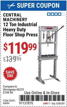 CENTRAL MACHINERY 12 ton Industrial Heavy Duty Shop Press for $119.99 – Harbor Freight