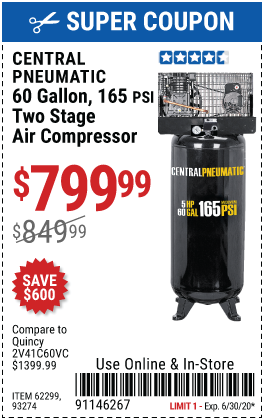 CENTRAL PNEUMATIC 60 gallon 5 HP 165 PSI Two Stage Air Compressor for