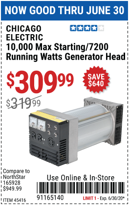CHICAGO ELECTRIC 10000 Max Starting/7200 Running Watts Generator Head for $309.99 – Harbor Freight