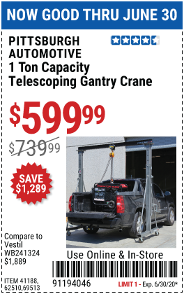 Pittsburgh Automotive 1 ton Capacity Telescoping Gantry Crane