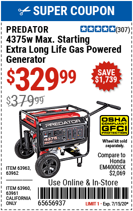 4375 Watt Max Starting Extra Long Life Gas Powered Generator - EPA III