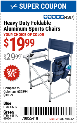 Foldable Aluminum Sports Chair for $19.99 – Harbor Freight Coupons