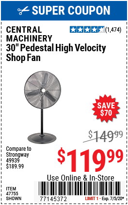 Central Machinery 30 In Pedestal High Velocity Shop Fan For 119 99 Harbor Freight Coupons