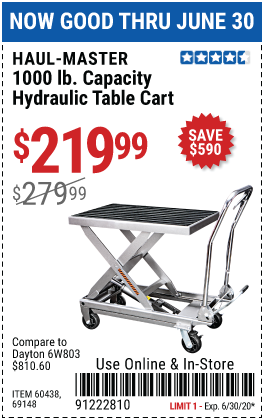 1000 lbs. Capacity Hydraulic Table Cart