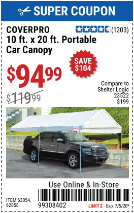 coverpro 10 ft x 20 portable car canopy for 94 99 harbor freight coupons custom built carports