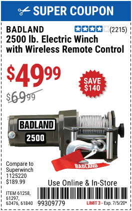 BADLAND 2500 lb. ATV/Utility Winch for $49.99 – Harbor Freight Coupons