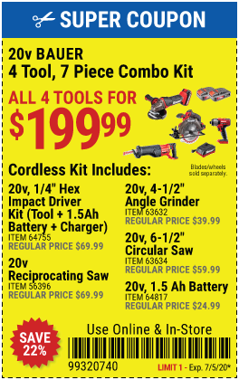 Bauer Cordless Combo Kit – 4 tools for $199.99 – Harbor Freight Coupons