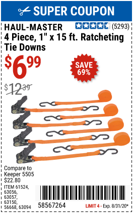 400 lb. Capacity 1 in. x 15 ft. Ratcheting Tie Downs, 4 Pk.