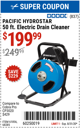PACIFIC HYDROSTAR 50 Ft. Compact Electric Drain Cleaner for $199.99