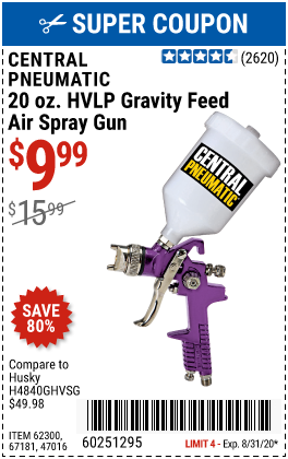 CENTRAL PNEUMATIC 20 Fl. Oz. HVLP Gravity Feed Air Spray Gun for $9.99 ...