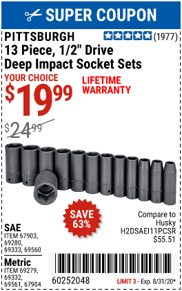 PITTSBURGH 1/2 in. Drive SAE Impact Deep Socket Set 13 Pc. for $19.99