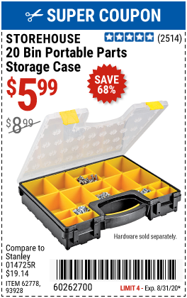 STOREHOUSE 20 Bin Medium Portable Parts Storage Case for $5.99