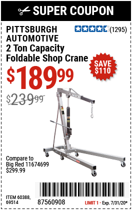 Pittsburgh Automotive 2 Ton Capacity Foldable Shop Crane For 189 99 Harbor Freight Coupons
