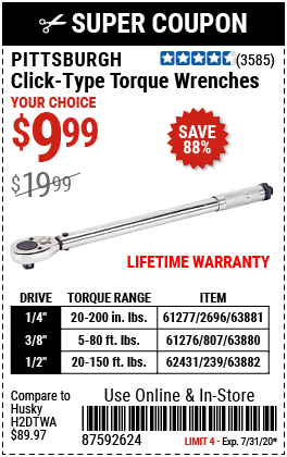 Pittsburgh 3 8 In Drive Click Type Torque Wrench For 9 99