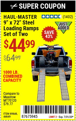 1000 lb. Capacity 9 in. x 72 in. Steel Loading Ramps, Set of Two