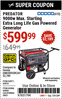 9000 Watt Max Starting Extra Long Life Gas Powered Generator - CARB