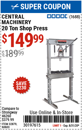 20 Ton H-Frame Industrial Heavy Duty Floor Shop Press
