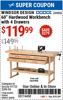 60 in. 4 Drawer Hardwood Workbench