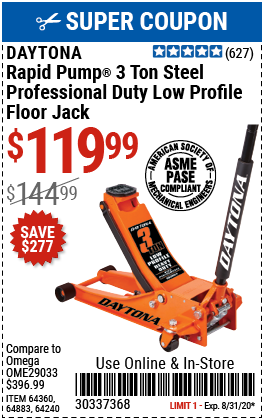3 Ton Low Profile Professional Rapid Pump® Floor Jack - Orange