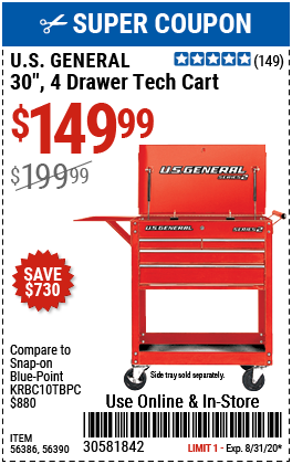 30 in. 4 Drawer Red Tech Cart