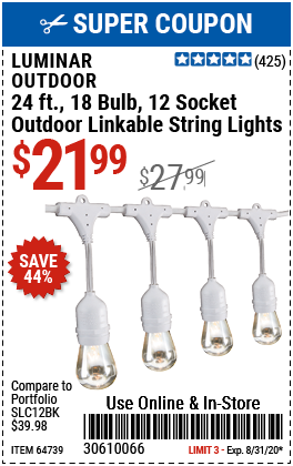 24 Ft. 12 Bulb Outdoor String Lights - White