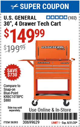 30 in. 4 Drawer Orange Tech Cart