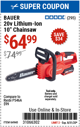 20V Hypermax™ Lithium-Ion Cordless Chainsaw – Tool Only