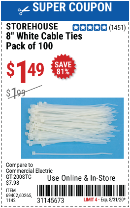 8 in. White Cable Ties 100 Pk.