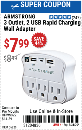 3 Outlet 2 USB Rapid Charging Wall Adapter