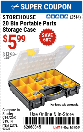 20 Bin Medium Portable Parts Storage Case