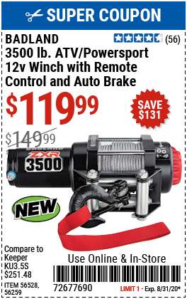 3500 lb. ATV/Powersport 12V Winch with Automatic Load-Holding Brake