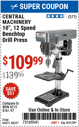 10 in. 12 Speed Bench Drill Press