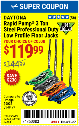 DAYTONA 3 Ton Low Profile Professional Rapid Pump® Floor Jack for $119.99 – Harbor  Freight Coupons