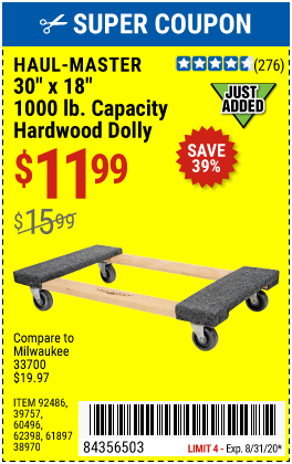 30 In x 18 In 1000 lb. Capacity Hardwood Dolly