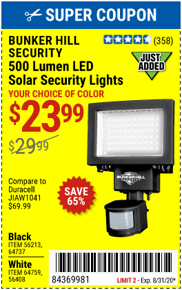 BUNKER HILL SECURITY 500 Lumen LED Solar Security Light for $23.99