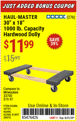 30 In x 18 In 1000 lb. Capacity Hardwood Dolly