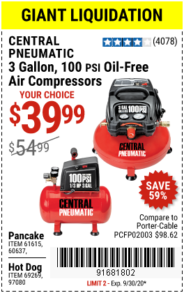 3 Gallon, 1/3 HP, 110 PSI Oil-Free Pancake Air Compressor