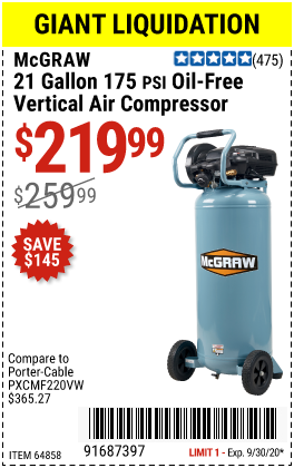MCGRAW 21 gallon 175 PSI Oil-Free Vertical Air Compressor for $219.99