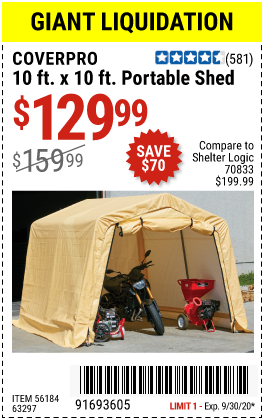 COVERPRO 10 Ft. X 10 Ft. Portable Shed for $129.99 