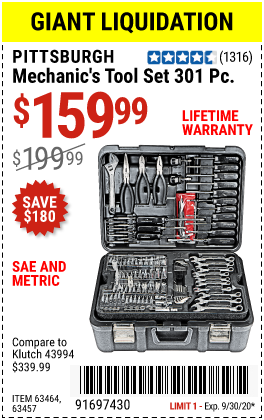 PITTSBURGH 301 Pc Mechanic’s Tool Set for $159.99 – Harbor Freight Coupons
