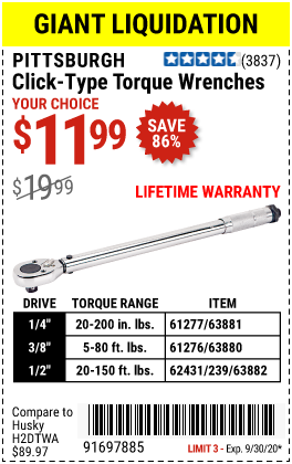 Pittsburgh Click-Type Torque Wrenches For $11.99 – Harbor Freight Coupons