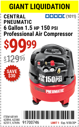 6 gallon 1.5 HP 150 PSI Professional Air Compressor