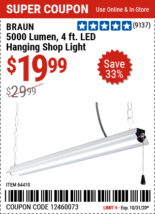 5000 Lumen 4 Ft. LED Hanging Shop Light