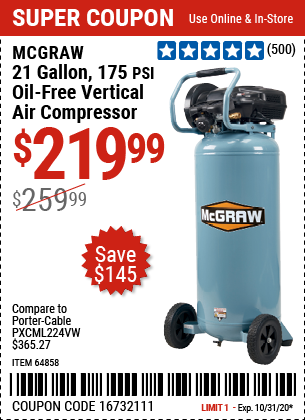 MCGRAW 21 gallon 175 PSI Oil-Free Vertical Air Compressor for $219.99