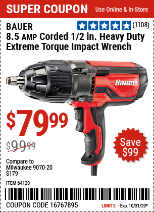 Bauer 1 2 In Heavy Duty Extreme Torque Impact Wrench For 79 99 Harbor Freight Coupons