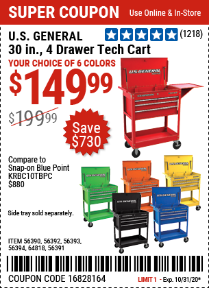 30 in. 4 Drawer Red Tech Cart
