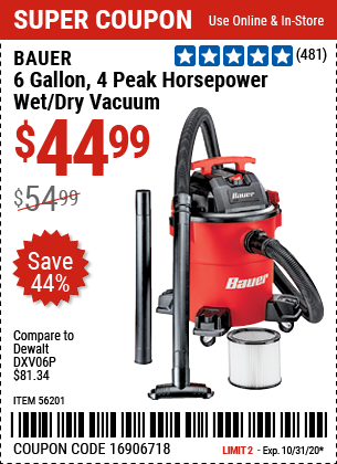 BAUER 6 Gallon 4 Peak Horsepower Wet/Dry Vacuum for $44.99 – Harbor