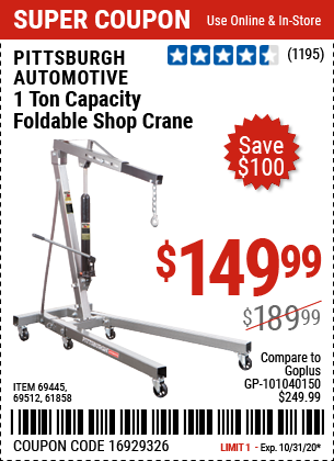 PITTSBURGH AUTOMOTIVE 1 Ton Capacity Foldable Shop Crane for $149.99