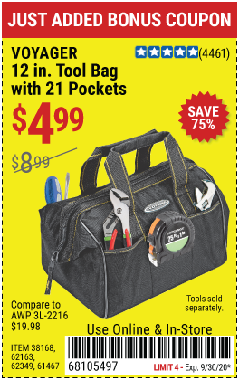 Voyager 12 In Tool Bag With 21 Pockets For 4 99 Harbor Freight Coupons